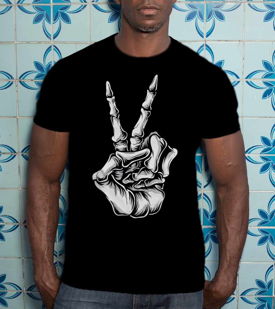 Skeleton Hand Peace Sign Halloween Night T-Shirt