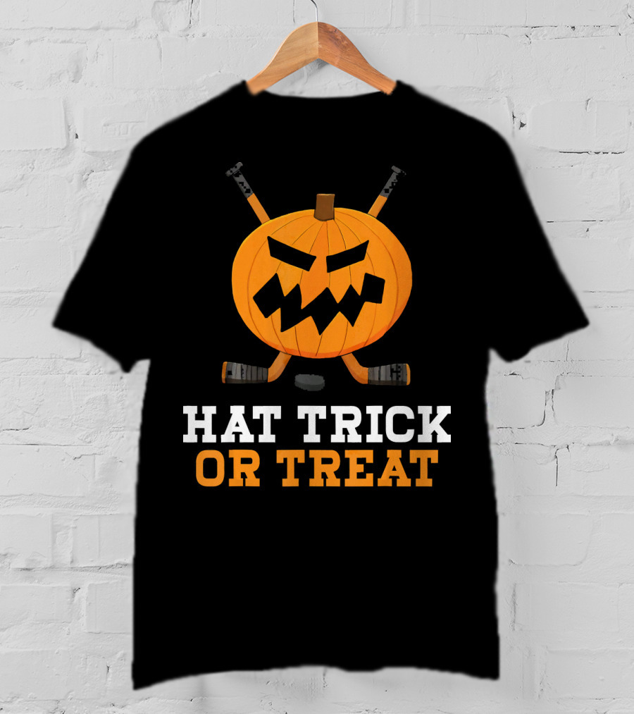 Hat Trick Or Treat Pumpkin Hockey Sticks Face T-Shirt