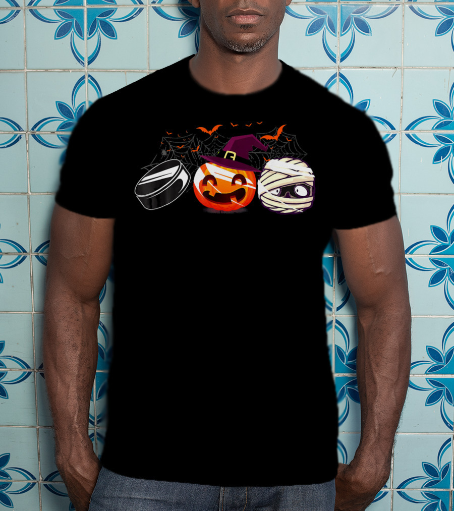 Hockey Puck Witch Pumpkin Mummy Halloween Bats Webs T-Shirt