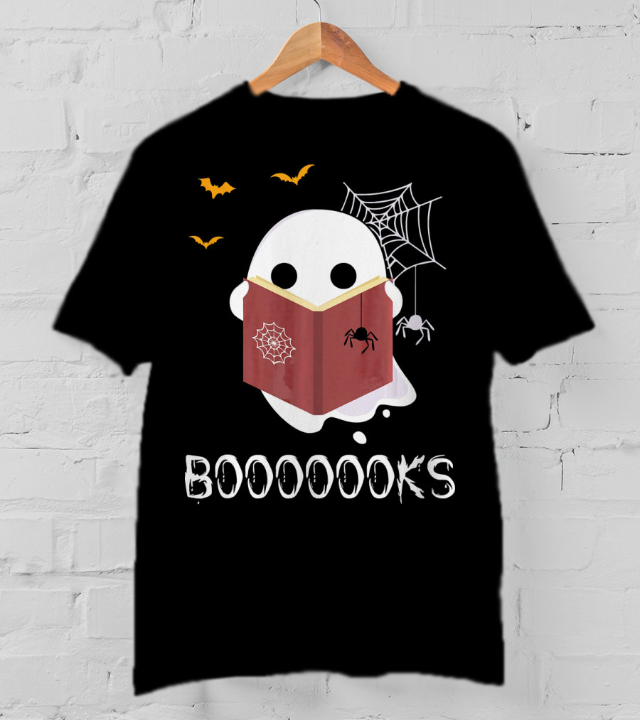Booooooks Funny Boo Read Books Reading Ghost Spider Web Bats T-Shirt