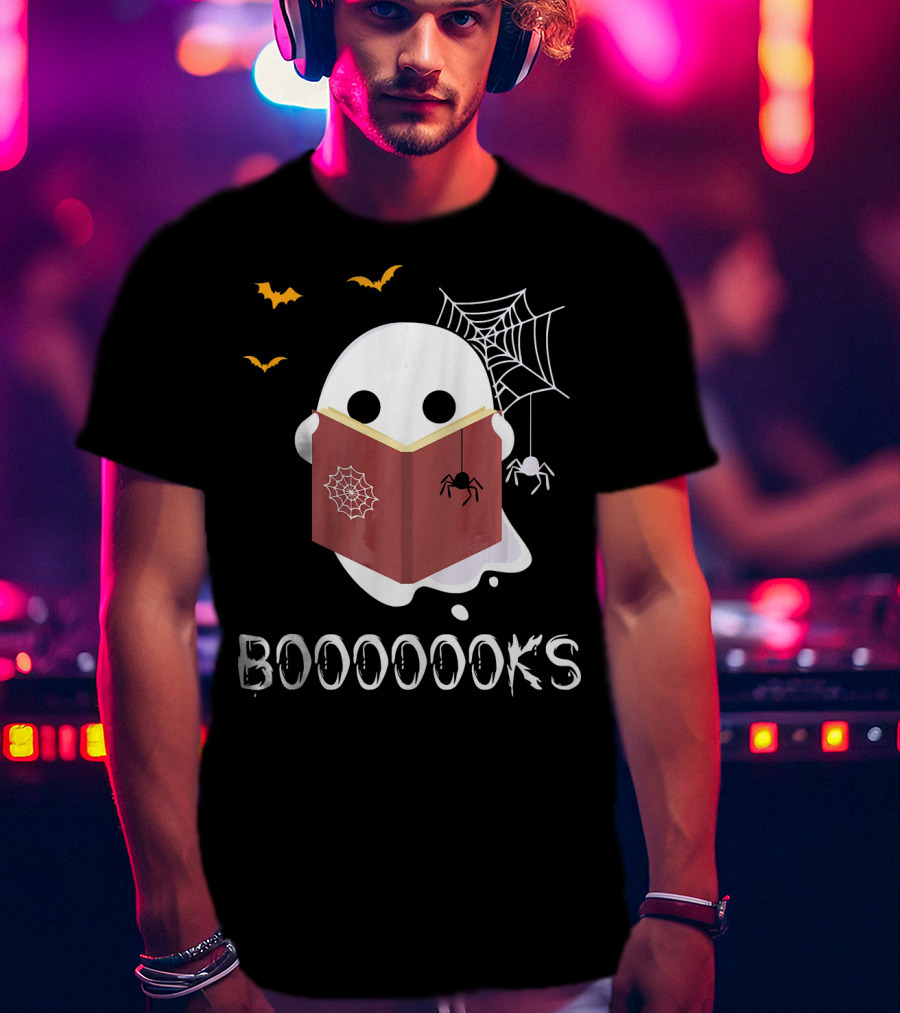 Booooooks Funny Boo Read Books Reading Ghost Spider Web Bats T-Shirt