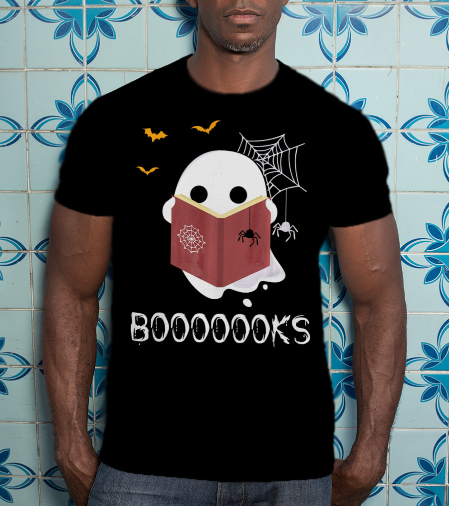 Booooooks Funny Boo Read Books Reading Ghost Spider Web Bats T-Shirt