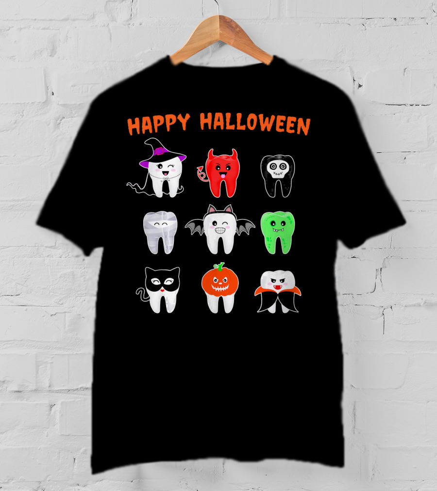 Happy Halloween Cute Tooth Monsters In Costume T-Shirt