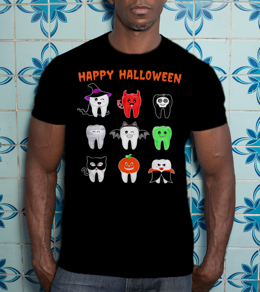 Happy Halloween Cute Tooth Monsters In Costume T-Shirt