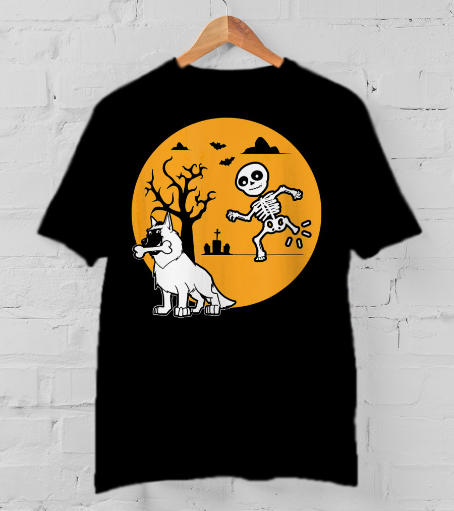Belgian Malinois Skeleton Bone Halloween Moon Graveyard Scene T-Shirt