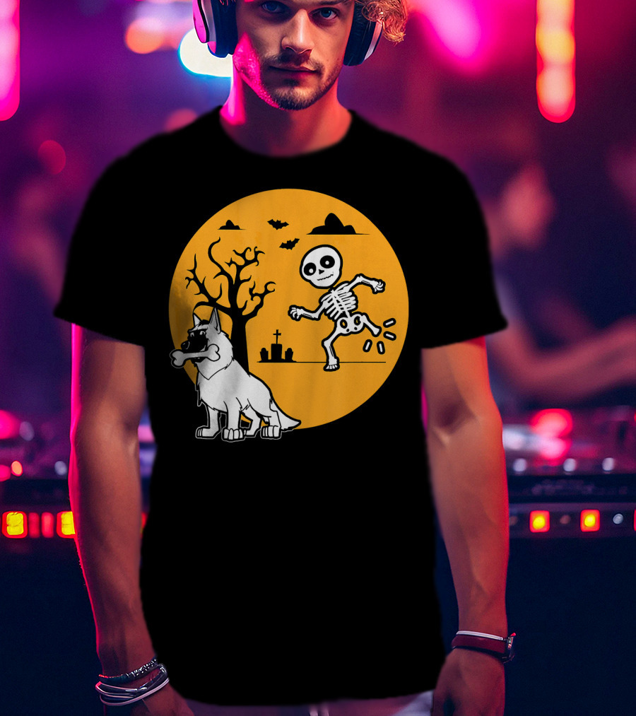 Belgian Malinois Skeleton Bone Halloween Moon Graveyard Scene T-Shirt
