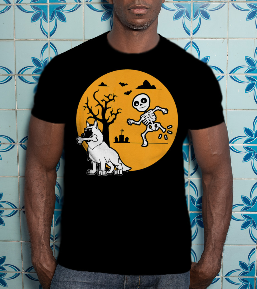 Belgian Malinois Skeleton Bone Halloween Moon Graveyard Scene T-Shirt