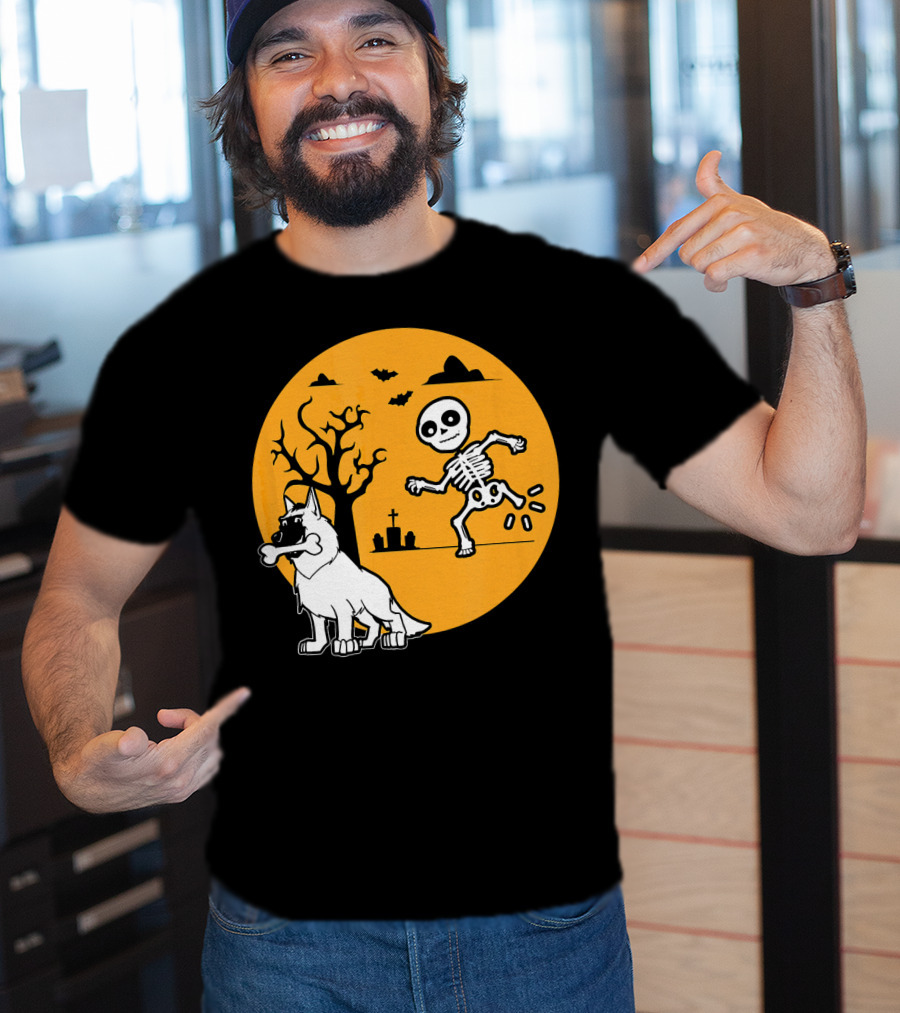 Belgian Malinois Skeleton Bone Halloween Moon Graveyard Scene T-Shirt