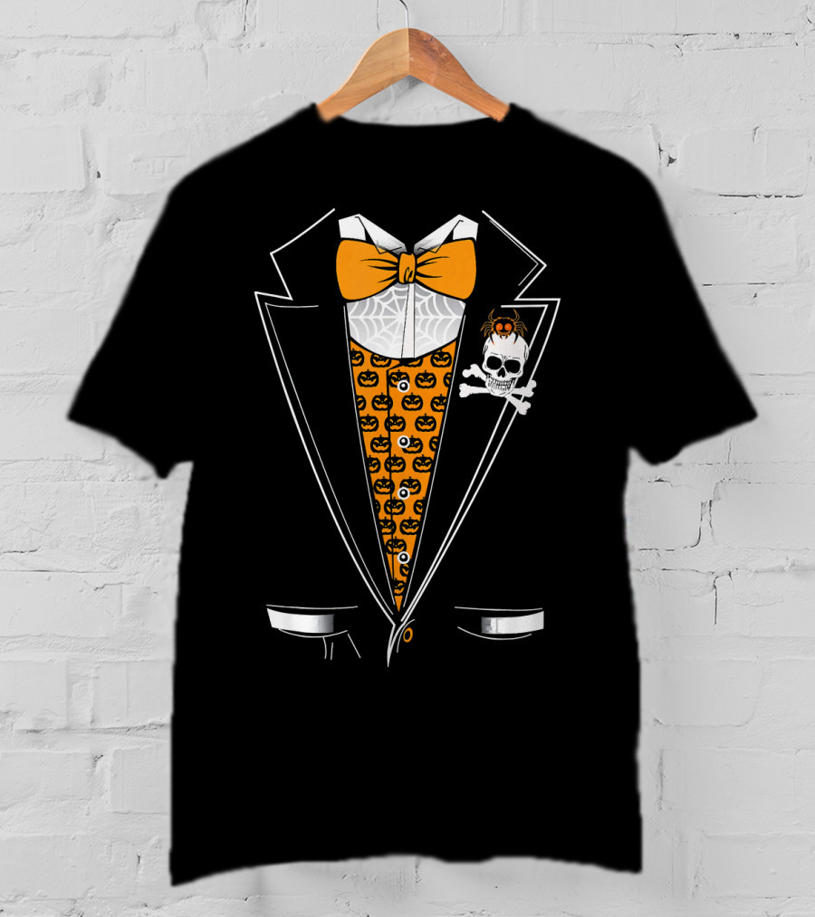 Halloween Tuxedo 3D Style Skull Pumpkin Spider Bowtie T-Shirt