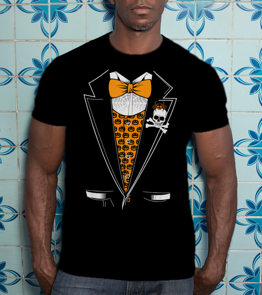 Halloween Tuxedo 3D Style Skull Pumpkin Spider Bowtie T-Shirt