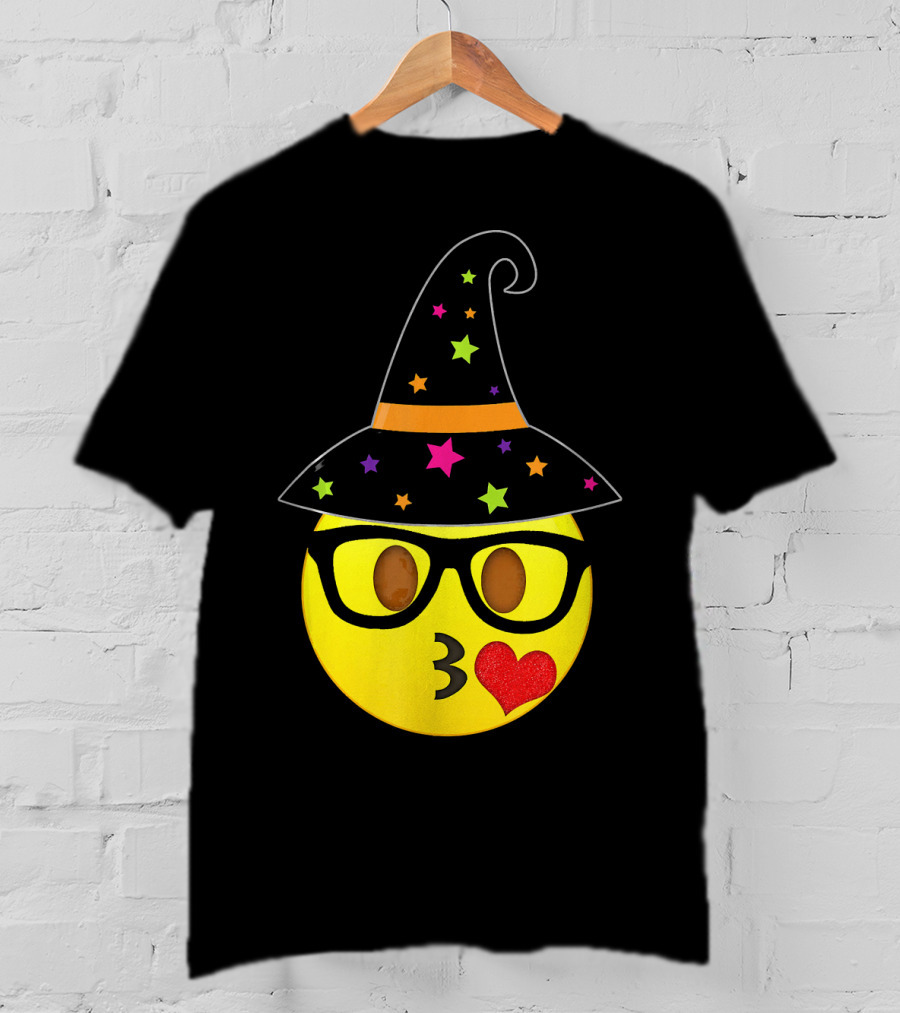Funny Halloween Witch Hat Emoji Nerd Glasses Kissy Face T-Shirt