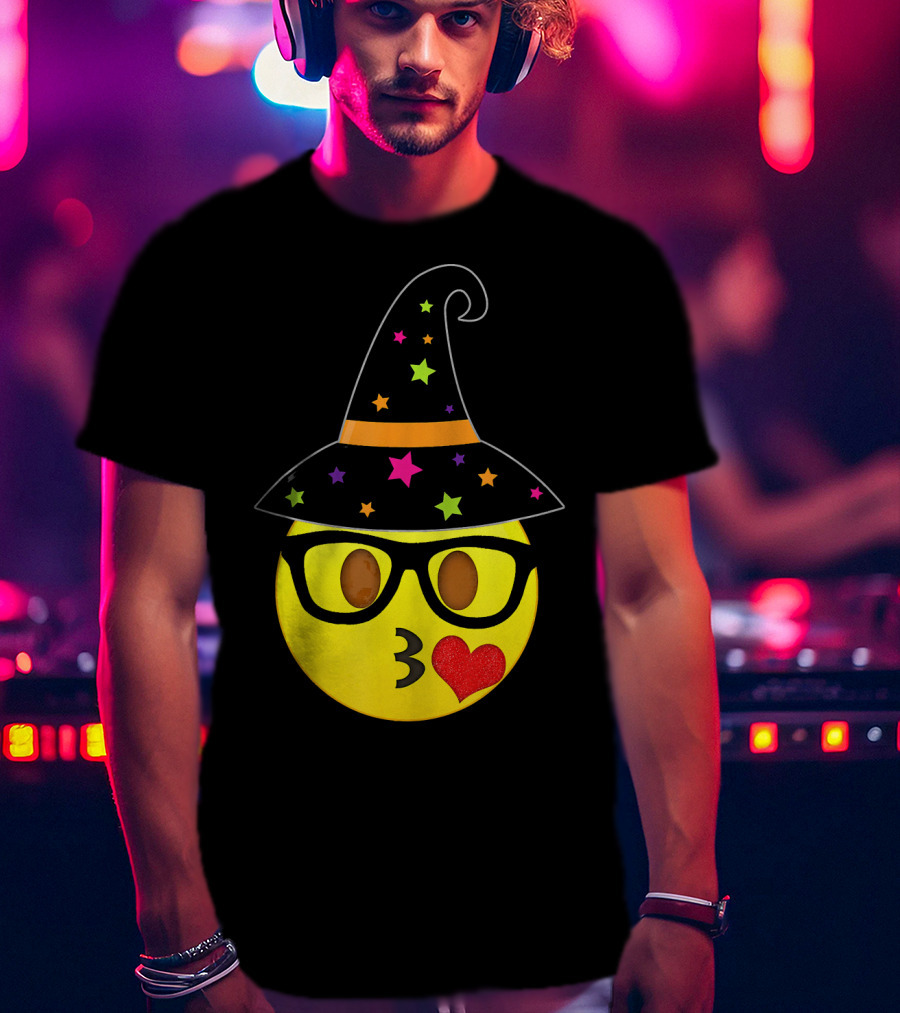 Funny Halloween Witch Hat Emoji Nerd Glasses Kissy Face T-Shirt