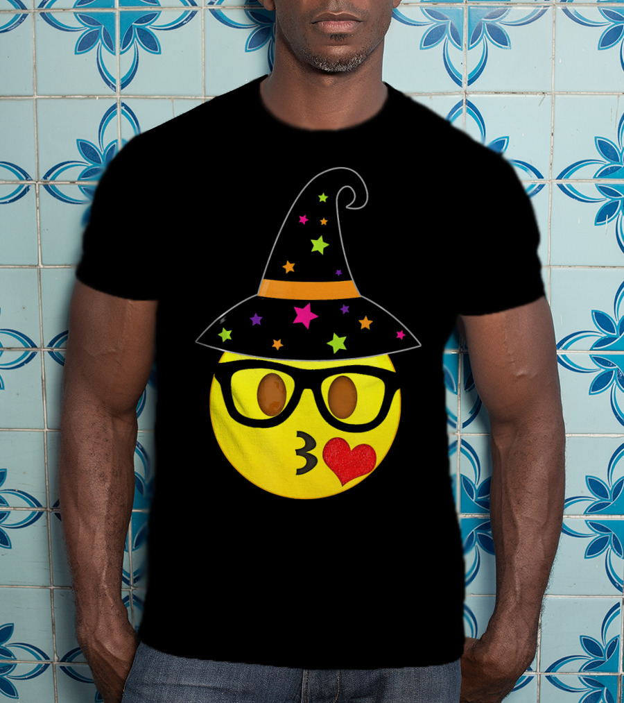 Funny Halloween Witch Hat Emoji Nerd Glasses Kissy Face T-Shirt