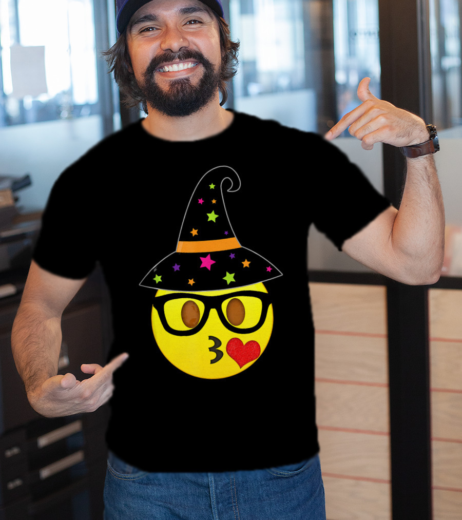 Funny Halloween Witch Hat Emoji Nerd Glasses Kissy Face T-Shirt