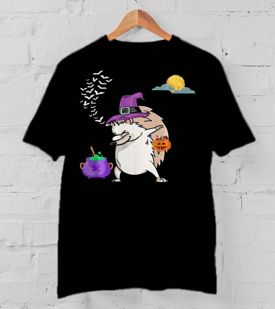 Dabbing Hedgehog Witch Halloween Costume With Cauldron Moon And Pumpkin Candy Bucket T-Shirt