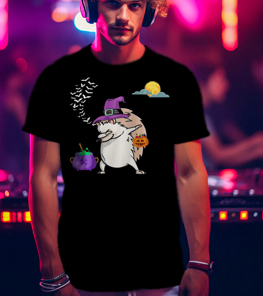 Dabbing Hedgehog Witch Halloween Costume With Cauldron Moon And Pumpkin Candy Bucket T-Shirt