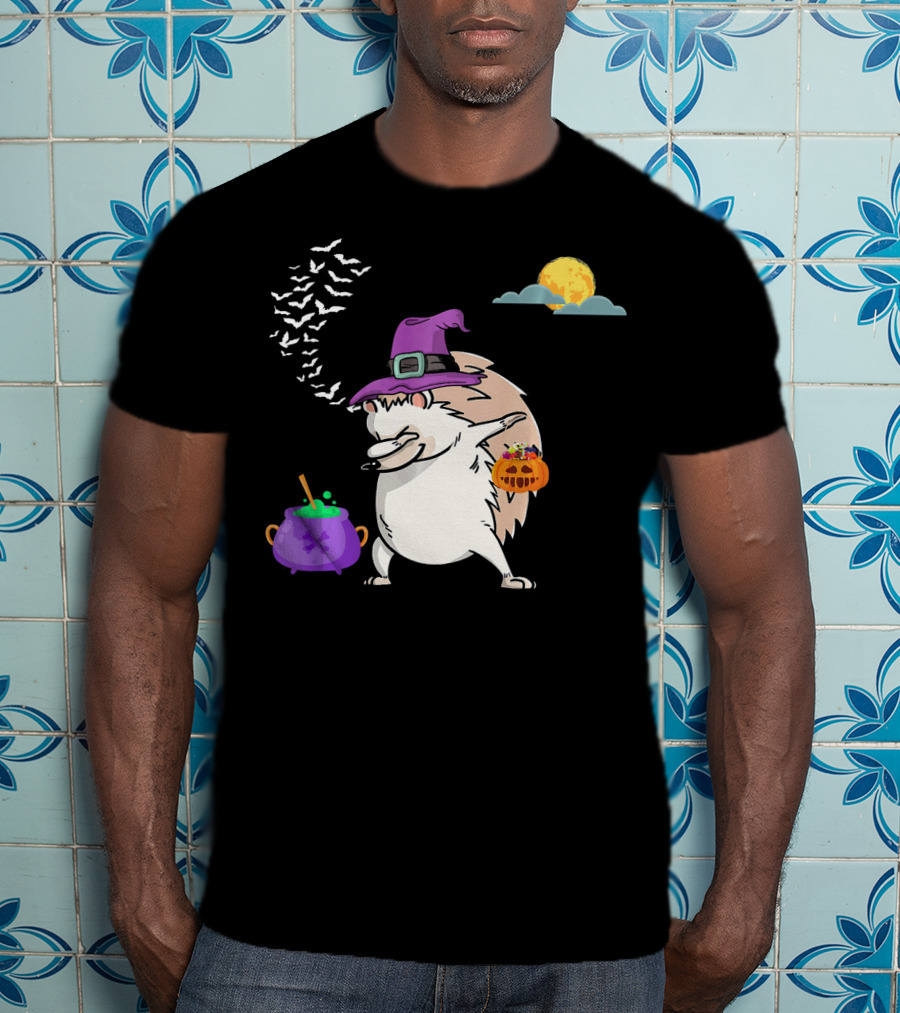 Dabbing Hedgehog Witch Halloween Costume With Cauldron Moon And Pumpkin Candy Bucket T-Shirt