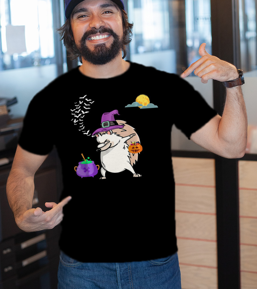 Dabbing Hedgehog Witch Halloween Costume With Cauldron Moon And Pumpkin Candy Bucket T-Shirt