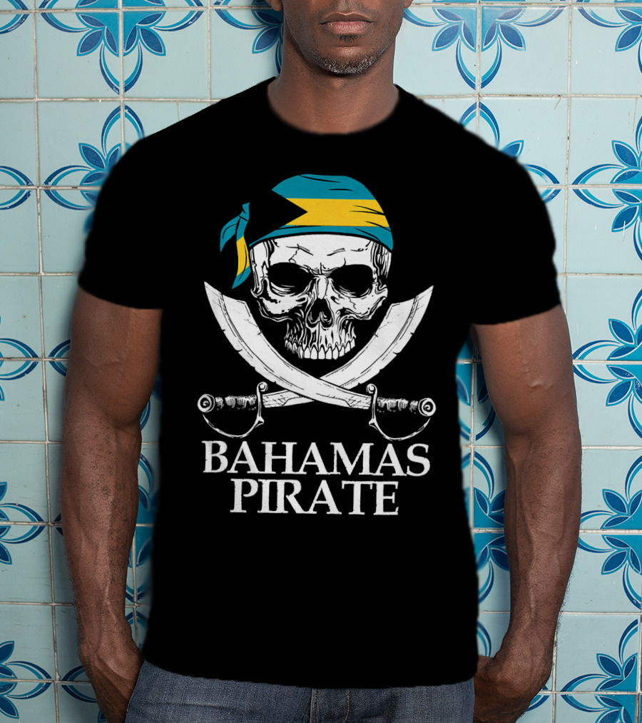 Bahamas Pirate Skull Crossed Cutlasses Jolly Roger Flag Bandana T-Shirt