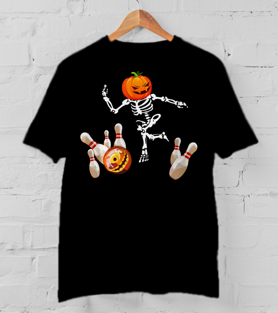 Funny Halloween Pumpkin Head Skeleton Bowling Scene T-Shirt