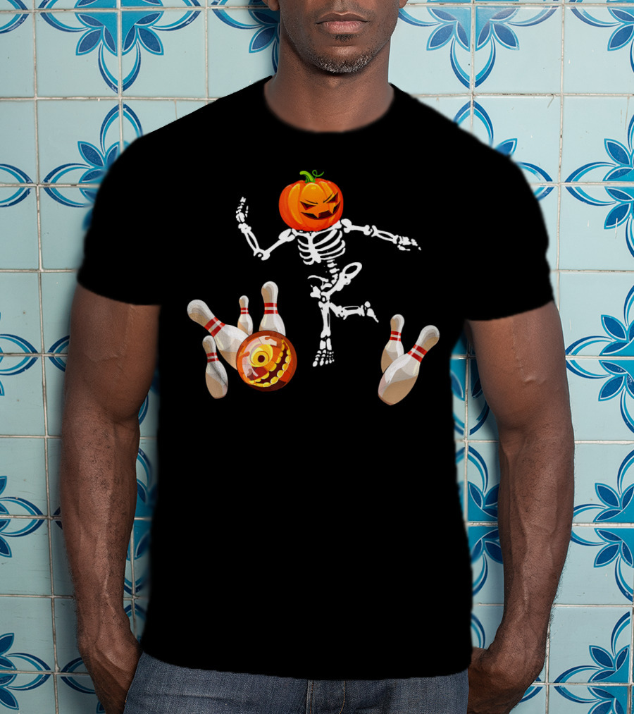 Funny Halloween Pumpkin Head Skeleton Bowling Scene T-Shirt