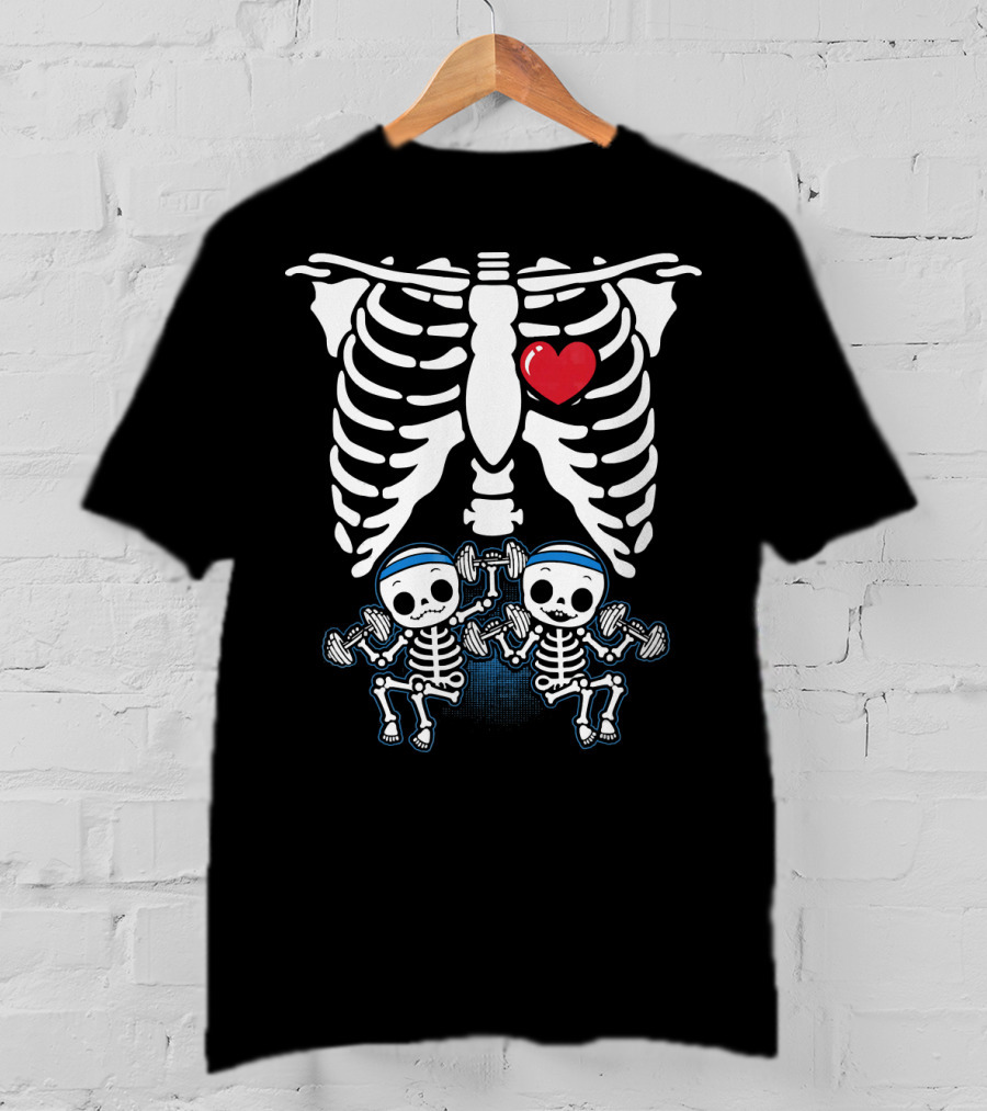 Funny Pregnant Mom Twins Babies Skeleton Rib Cage Heart T-Shirt