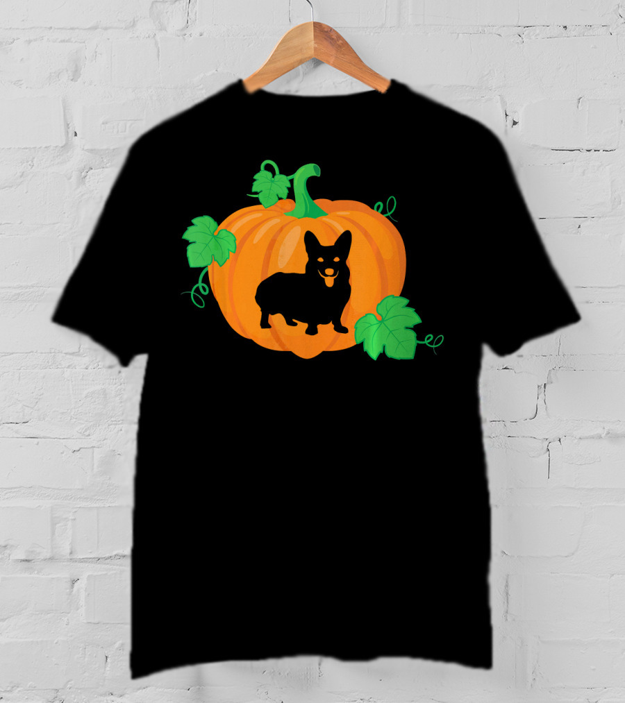 Corgi Dog Pumpkin Halloween Silhouette With Leaves T-Shirt