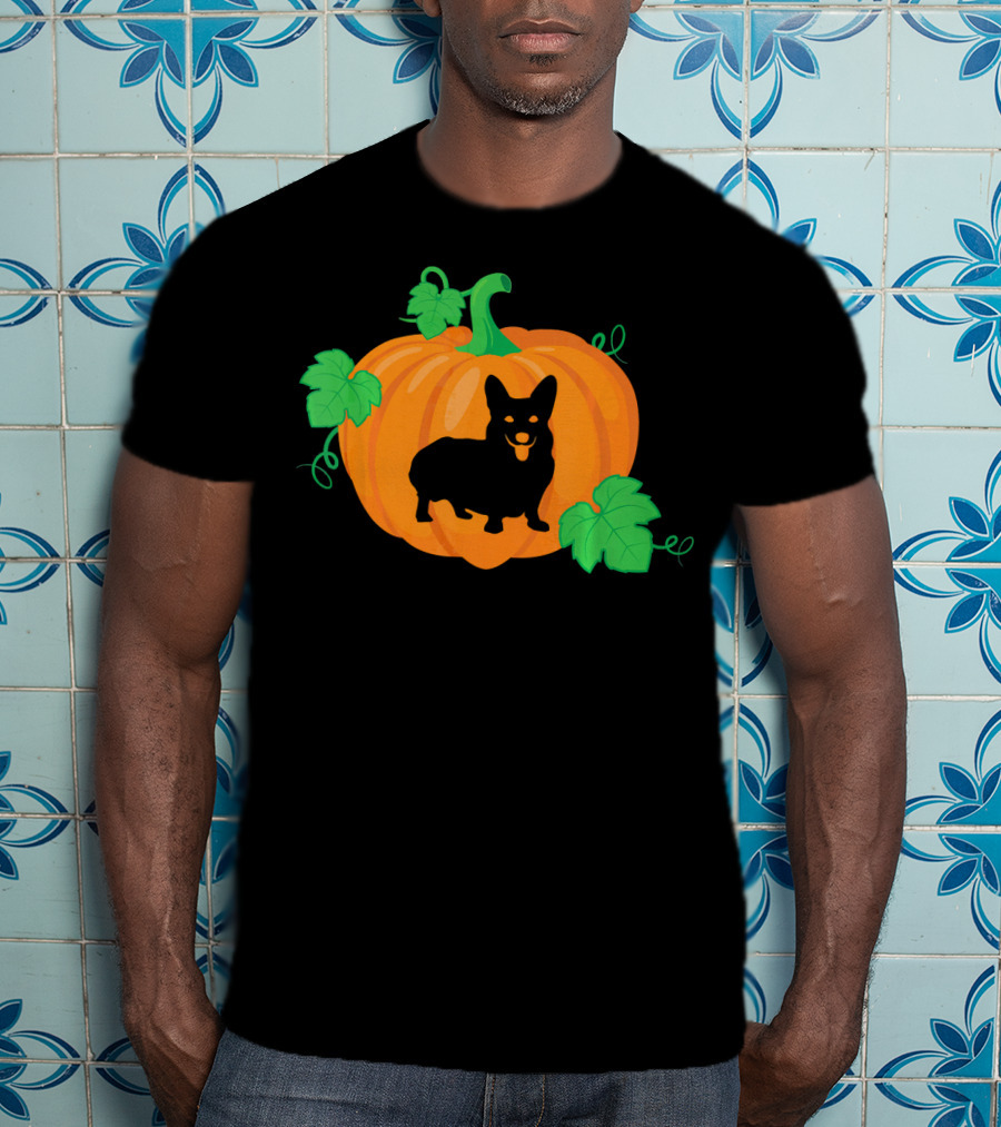 Corgi Dog Pumpkin Halloween Silhouette With Leaves T-Shirt