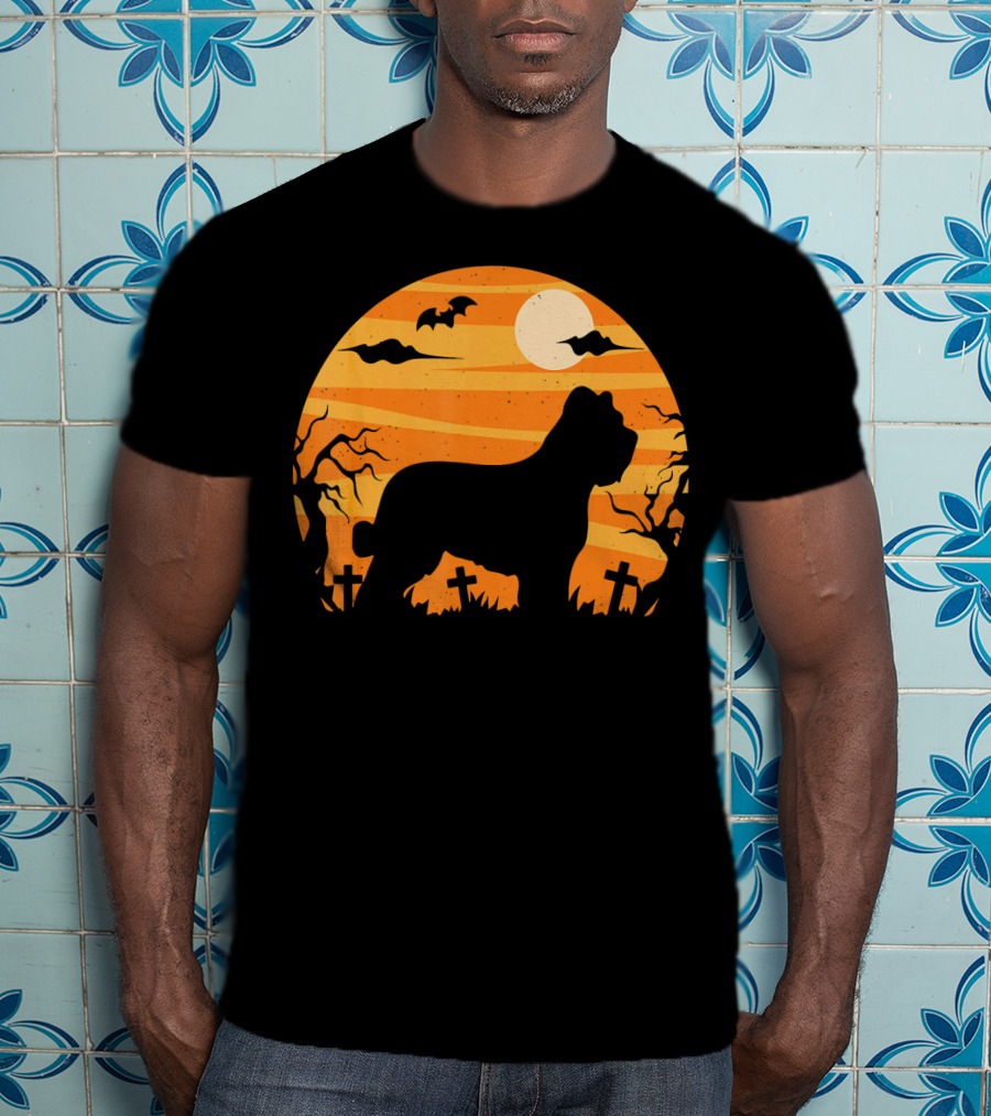 Briard Dog Halloween Moonlit Graveyard Scene T-Shirt