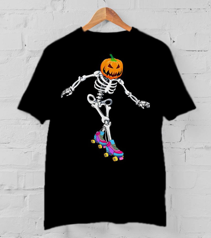 Halloween Skeleton Pumpkin Head Roller Skater T-Shirt