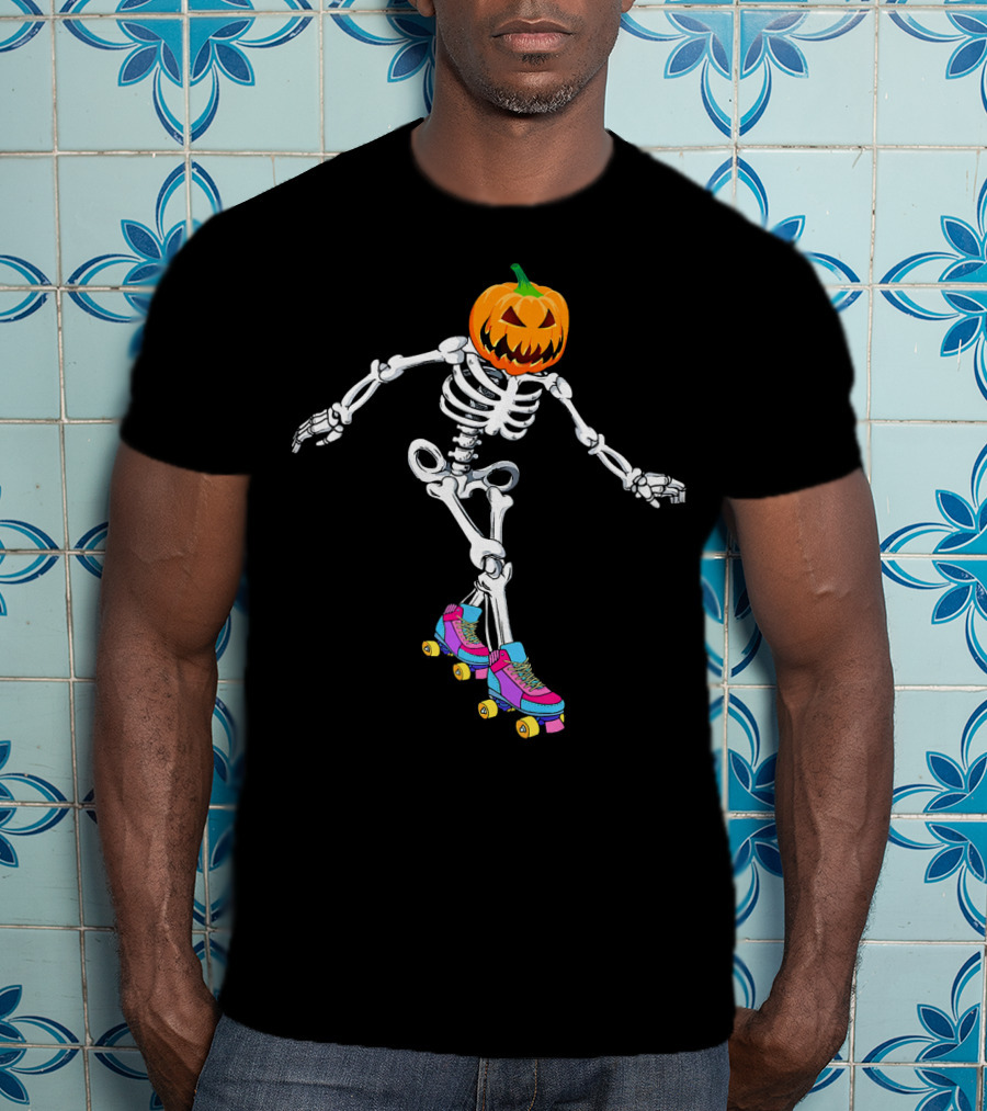 Halloween Skeleton Pumpkin Head Roller Skater T-Shirt