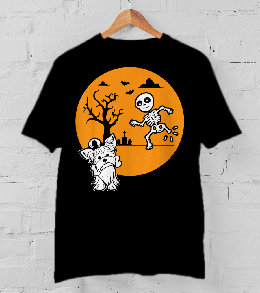 Yorkshire Terrier Halloween Costume Skeleton Dance Moon Bat Graveyard T-Shirt
