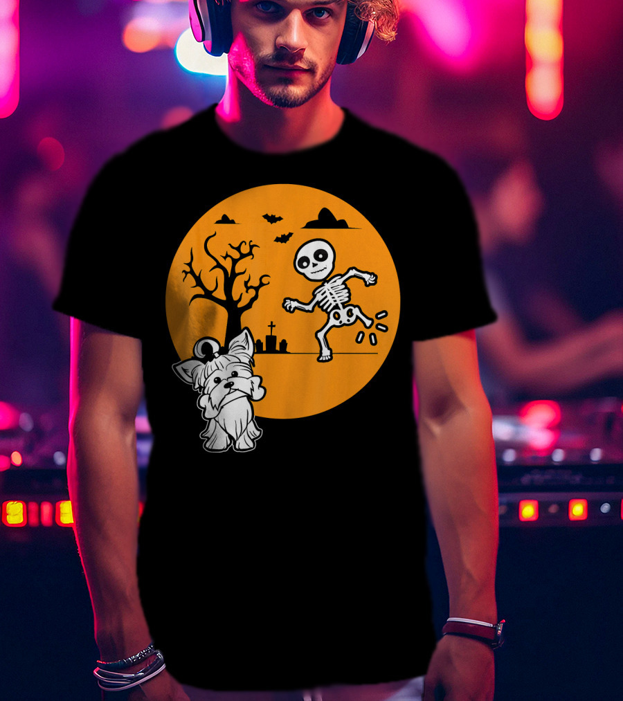 Yorkshire Terrier Halloween Costume Skeleton Dance Moon Bat Graveyard T-Shirt