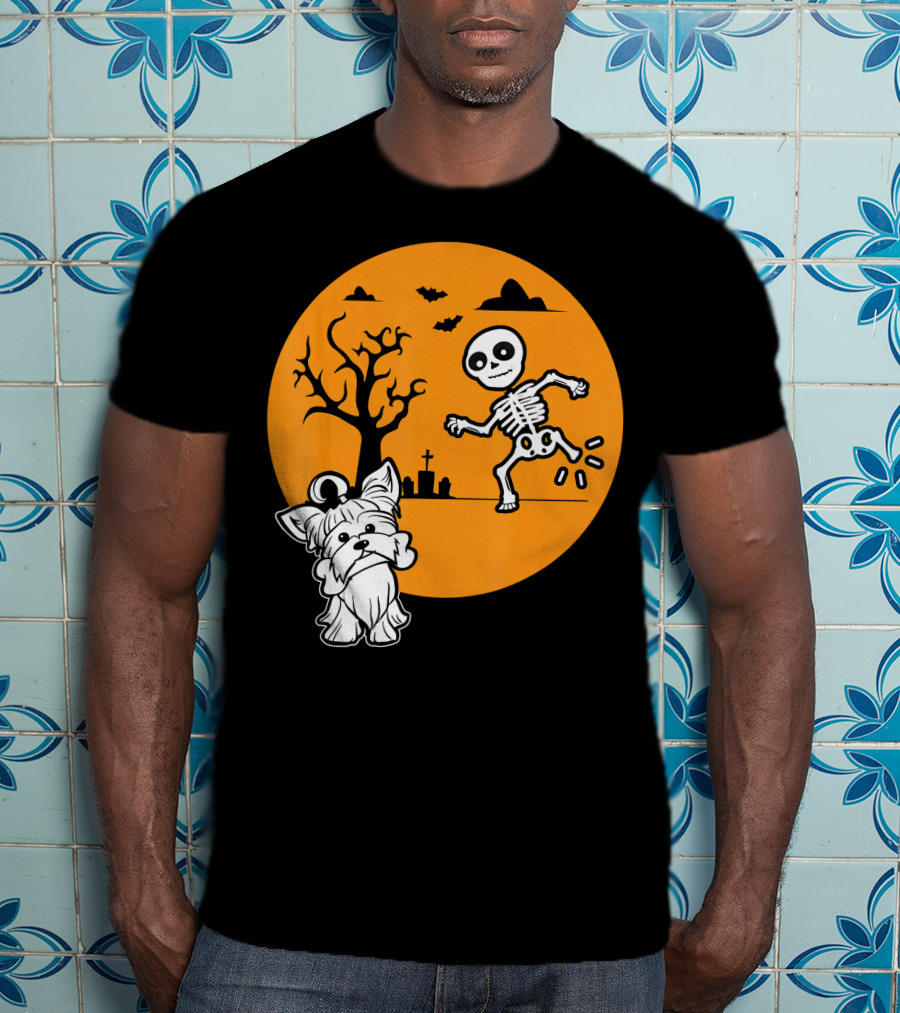 Yorkshire Terrier Halloween Costume Skeleton Dance Moon Bat Graveyard T-Shirt