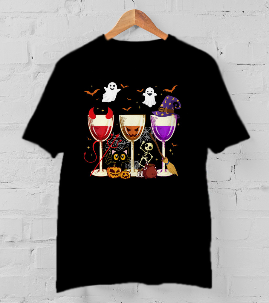 Halloween Wine Glasses Ghosts Pumpkins Bats Cat Skeleton Witches Hat T-Shirt