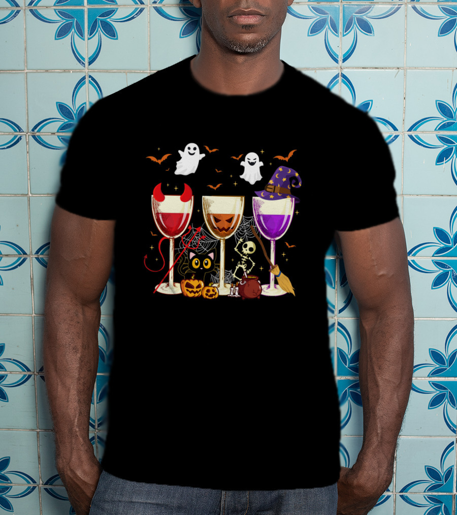 Halloween Wine Glasses Ghosts Pumpkins Bats Cat Skeleton Witches Hat T-Shirt