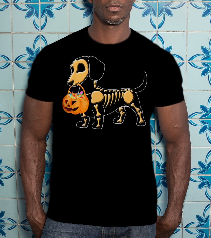 Happy Halloween Funny Dachshund Pumpkin Dog Skeleton Candy T-Shirt