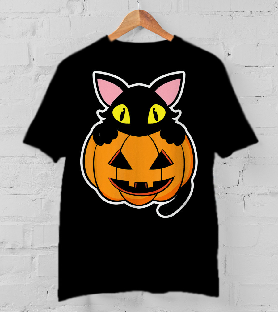 Black Cat Peeking Over Pumpkin Funny Scary Happy Halloween T-Shirt