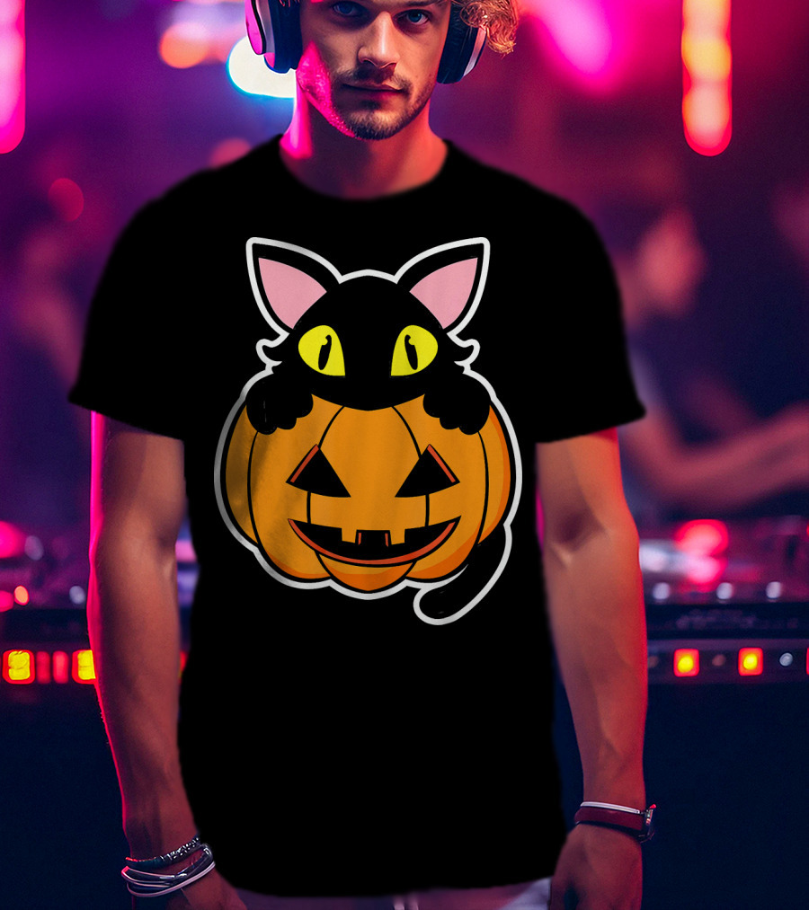 Black Cat Peeking Over Pumpkin Funny Scary Happy Halloween T-Shirt