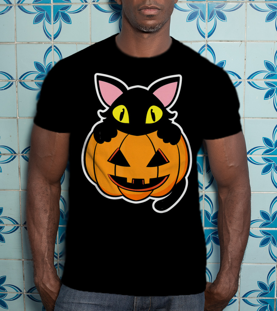 Black Cat Peeking Over Pumpkin Funny Scary Happy Halloween T-Shirt