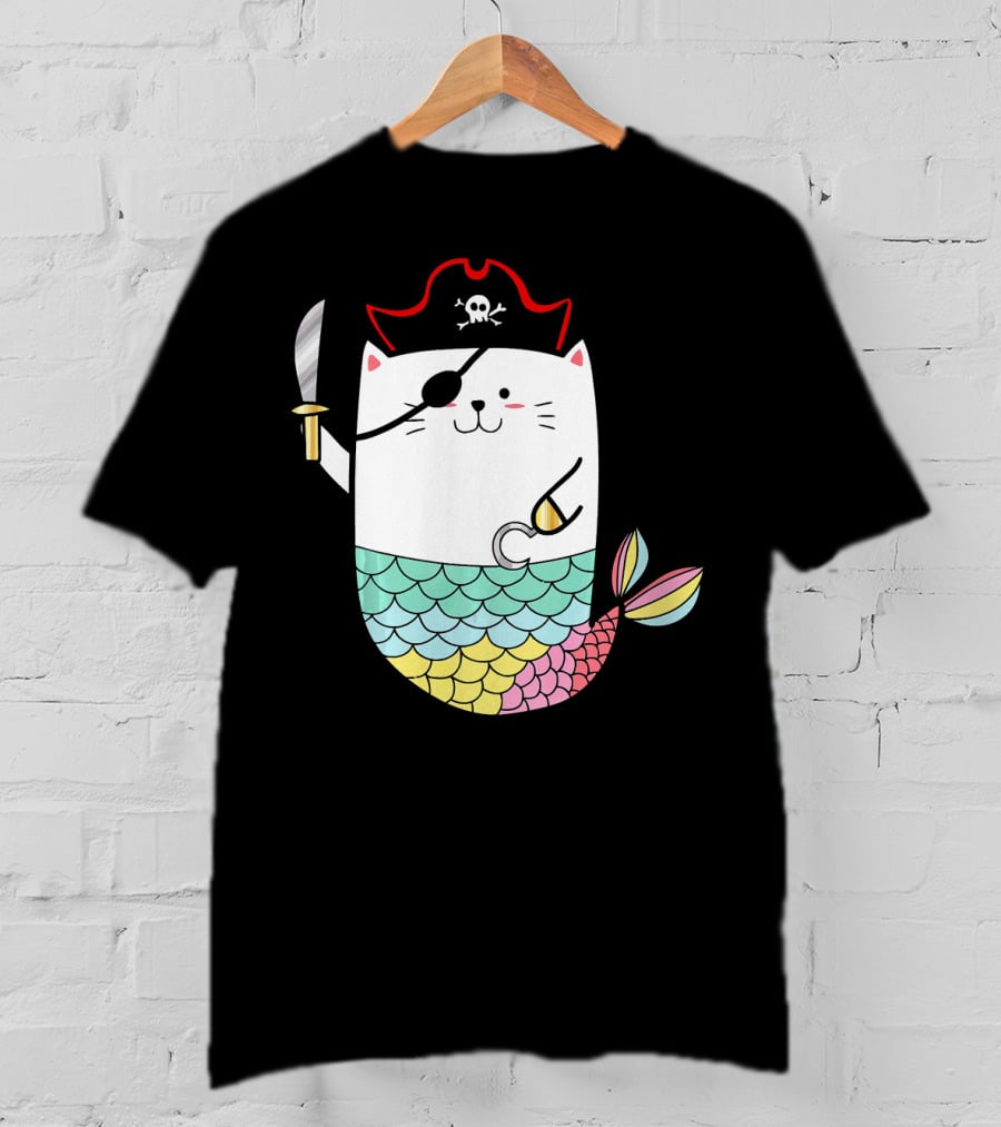 Halloween Mermaid Pirate Cat With Eye Patch And Sword T-Shirt