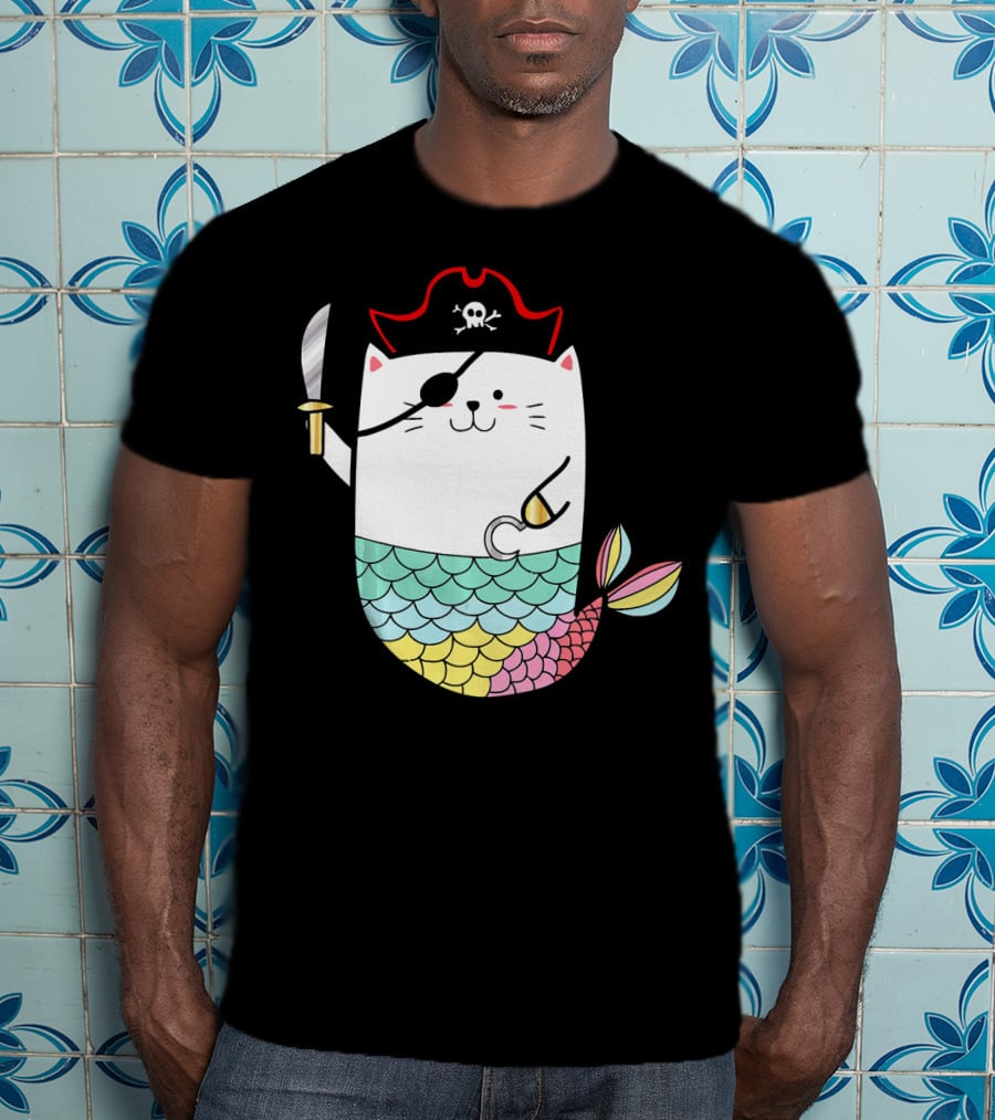 Halloween Mermaid Pirate Cat With Eye Patch And Sword T-Shirt