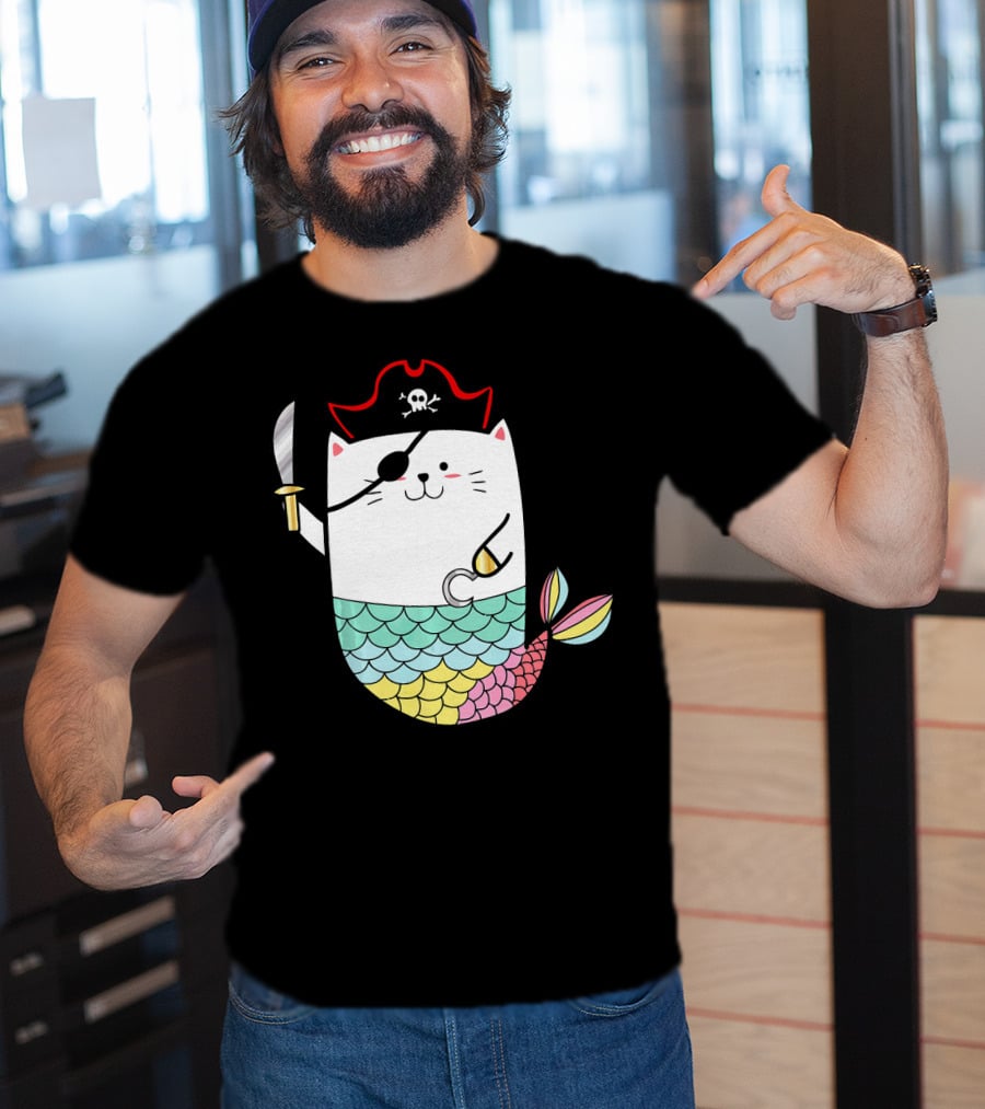 Halloween Mermaid Pirate Cat With Eye Patch And Sword T-Shirt