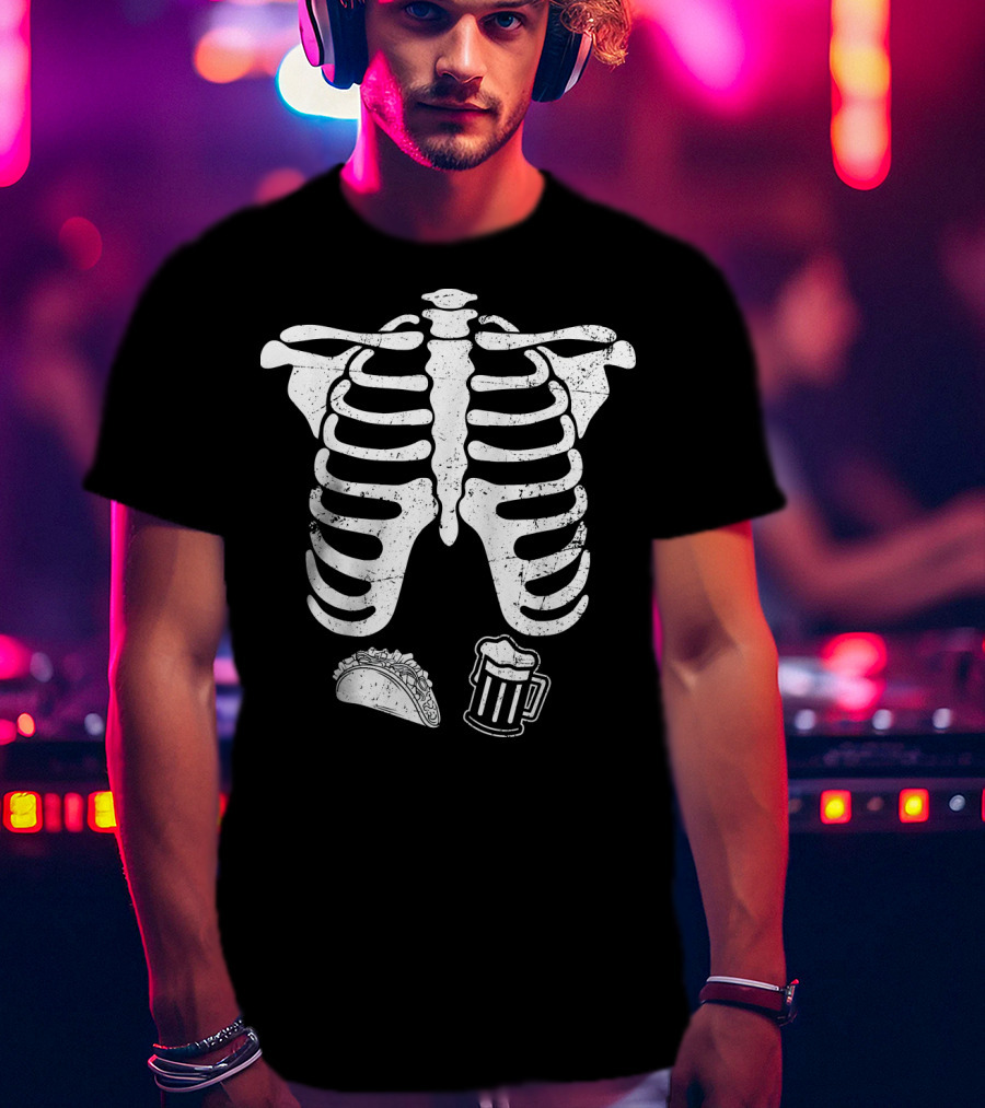 Mens Skeleton Ribcage Taco Beer Pregnancy T-Shirt