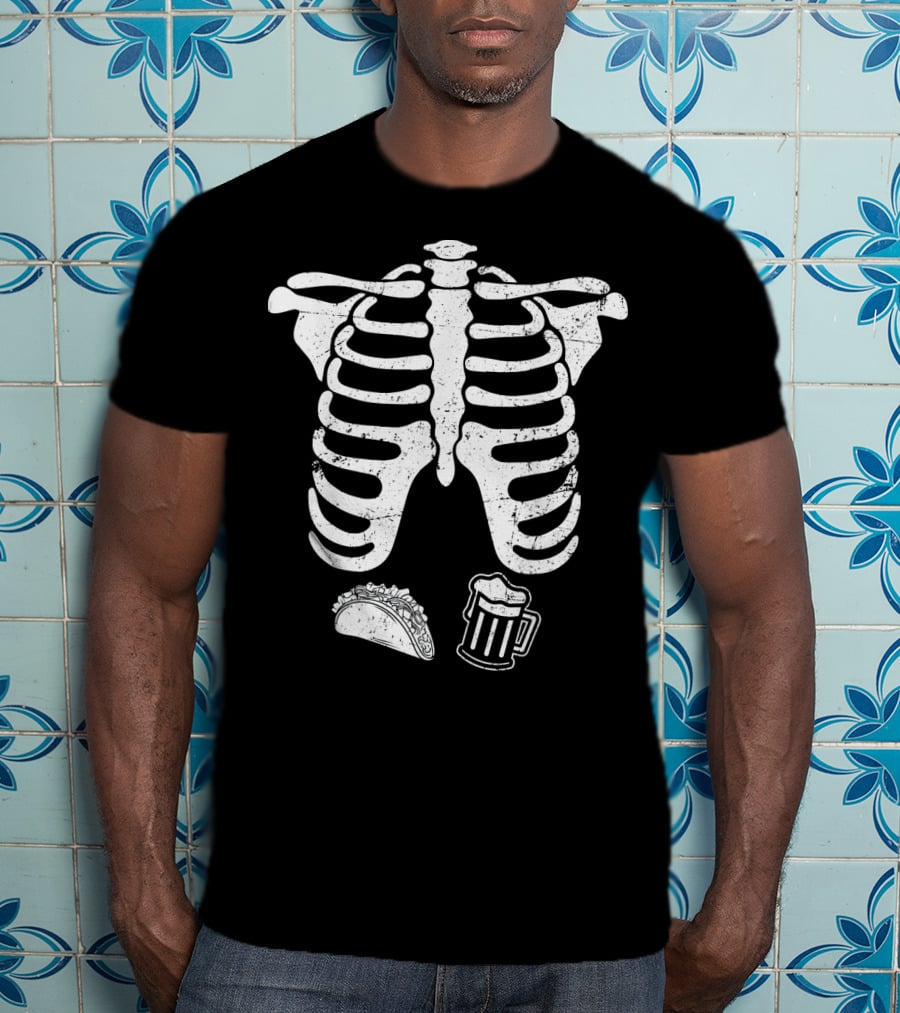 Mens Skeleton Ribcage Taco Beer Pregnancy T-Shirt