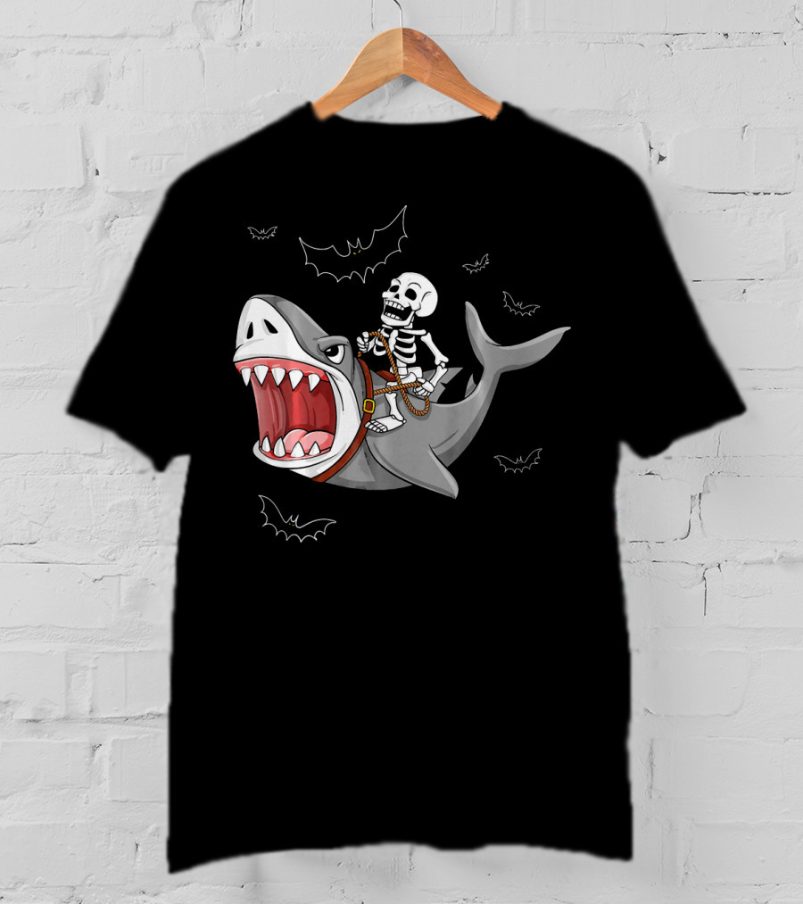 Skeleton Riding Shark Funny Halloween Bat T-Shirt