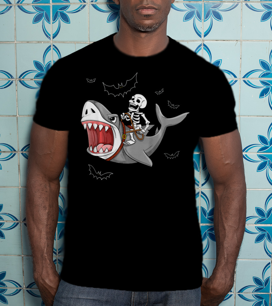 Skeleton Riding Shark Funny Halloween Bat T-Shirt