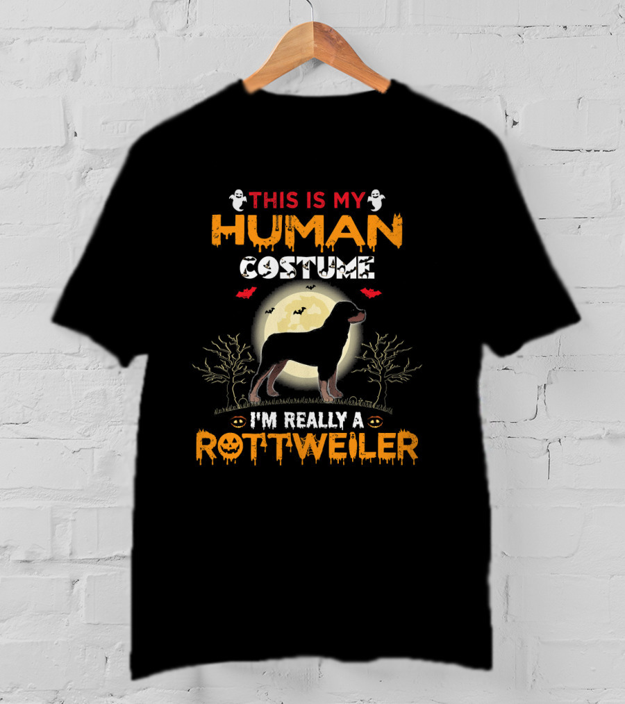 This Is My Human Costume I'm Really A Rottweiler Halloween Ghosts Bats Moon Trees T-Shirt