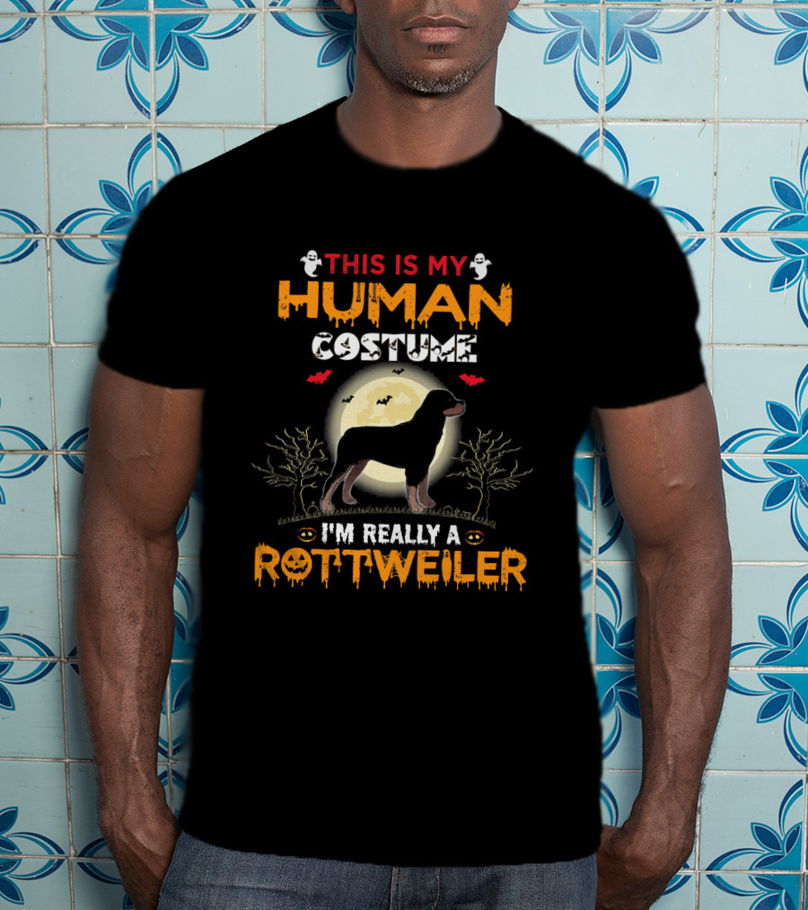 This Is My Human Costume I'm Really A Rottweiler Halloween Ghosts Bats Moon Trees T-Shirt