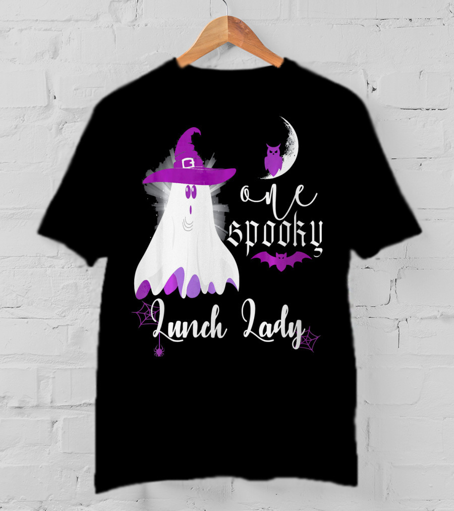 One Spooky Lunch Lady Halloween Ghost With Purple Bat And Moon T-Shirt